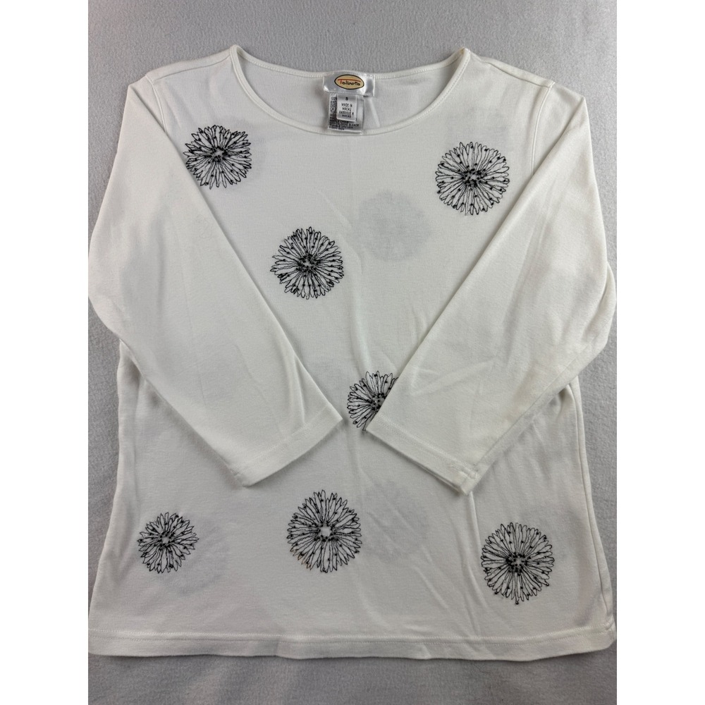 Talbots Floral Embellished Top 3/4 Sleeve Crew Neck Cotton Tee‎ Shirt Size S